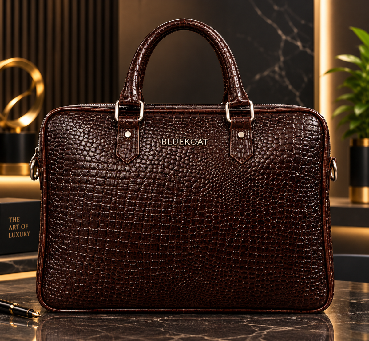 BLUEKOAT Premium Crocodile-Embossed Leather Office Briefcase – Luxury Professional Handbag